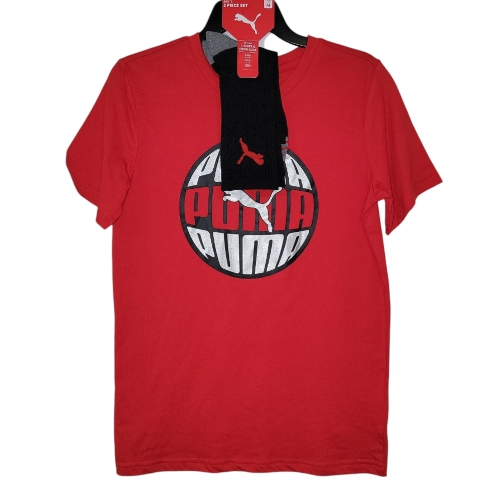 Puma Boys Red Graphic T-Shirt & Crew Socks NWT Size Medium
